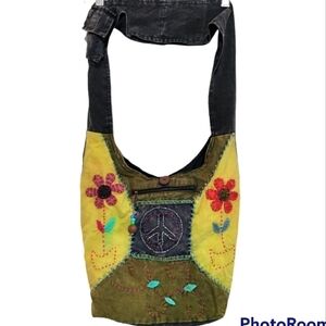 Bohemian style shoulder bag with embroidered designs 14 x 11.5